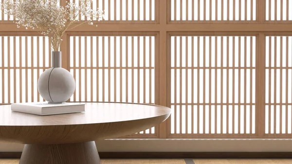 圆形木桌台子台 灰色花瓶 白色花束花书刊 传统的幕布窗在阳光下 为亚洲美女 化妆品 时尚产品展示背景3D — 图库照片