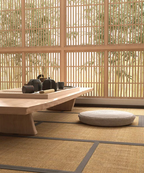 日本传统的短腿餐桌 圆形袋状座椅 黑色陶瓷茶壶 阳光下的幕布窗 白色墙壁 亚洲室内设计装饰 产品展示背景3D — 图库照片