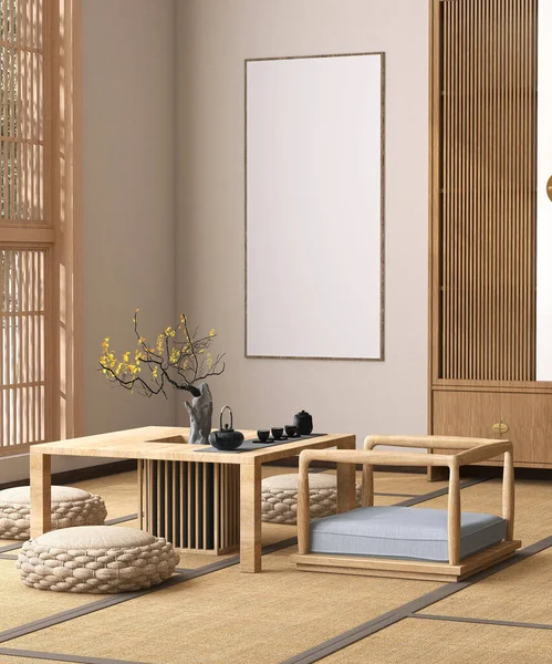 日本传统客厅 折叠椅 折叠椅 折叠椅 折叠窗等地的米色墙壁上的空白垂直相框 亚洲模板背景3D — 图库照片