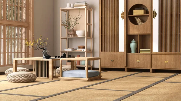 Traditionelle Japanische Braune Wohnzimmer Mit Holzschrank Regal Chabudai Hocker Stuhl — Stockfoto