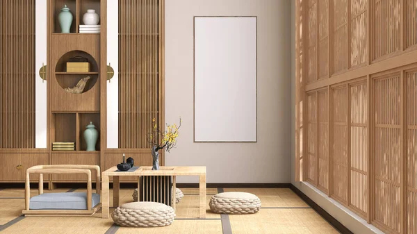 Leere Lange Vertikale Fotoplakatrahmen Beiger Wand Traditionellen Japanischen Wohnzimmer Holzschrank — Stockfoto