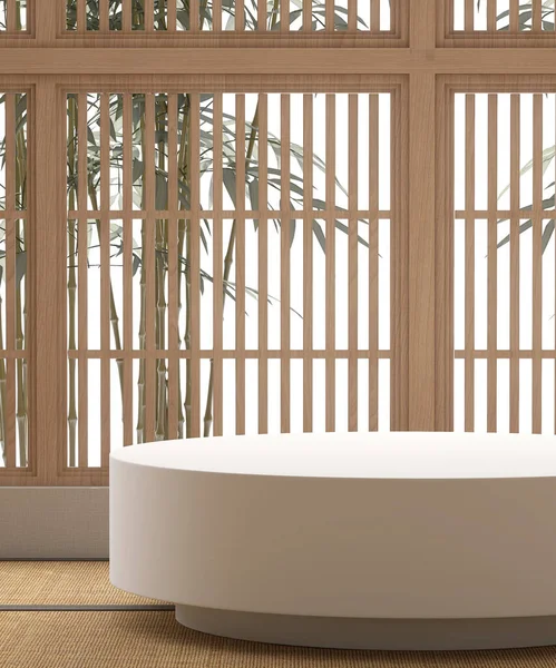 清澈光滑的白色圆形石台 阳光照射下 从木制的日本折叠床窗上透出 竹树为奢华的有机化妆品 美容产品展示背景3D — 图库照片