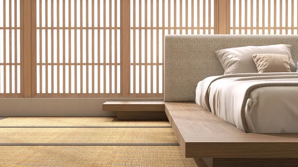 Japanisches Holzplattformbett Mit Nachttisch Kopfteil Aus Stoff Braune Decke Kissen — Stockfoto