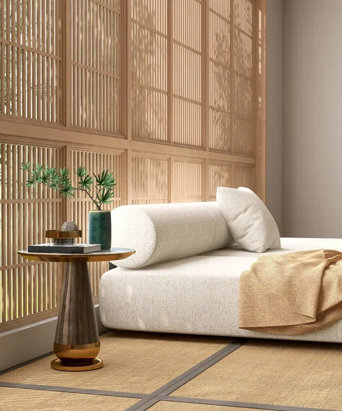 金黄色的钢制圆形侧桌 由现代白色面料支撑靠垫沙发在阳光下从木制幕布窗 日本的折叠床垫 亚洲室内设计装饰 产品背景3D — 图库照片