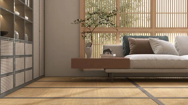 Modernes Sofa Mit Befestigtem Beistelltisch Aus Holz Sonnenlicht Des Shoji — Stockfoto