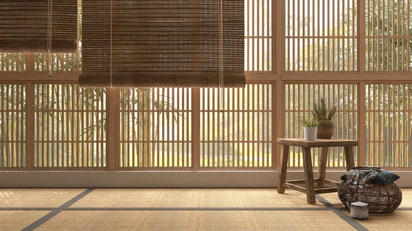 传统的房间有日本的幕墙 折叠床地板 小木凳子 室内盆栽在阳光下 亚洲室内设计装饰 产品背景3D — 图库照片