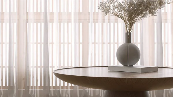 圆圆的柚木餐桌台面 灰色花瓶 白色花束在书中的花 绝对窗帘和在阳光下为亚洲的美丽 产品展示背景3D — 图库照片