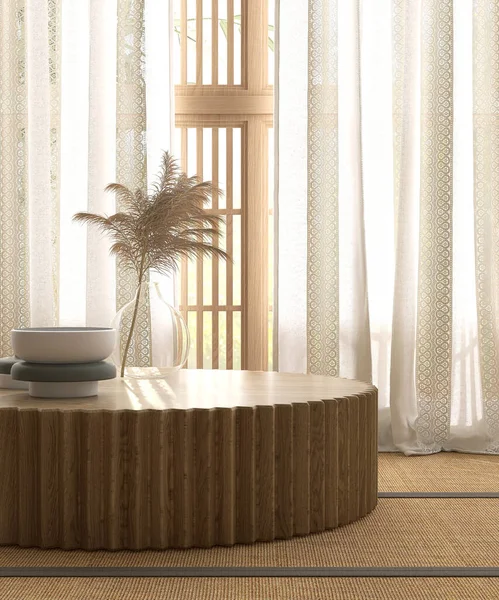 Wooden Podium Corrugated Side Vase Sunlight Japanese Shoji Window Lace — Stock Photo, Image