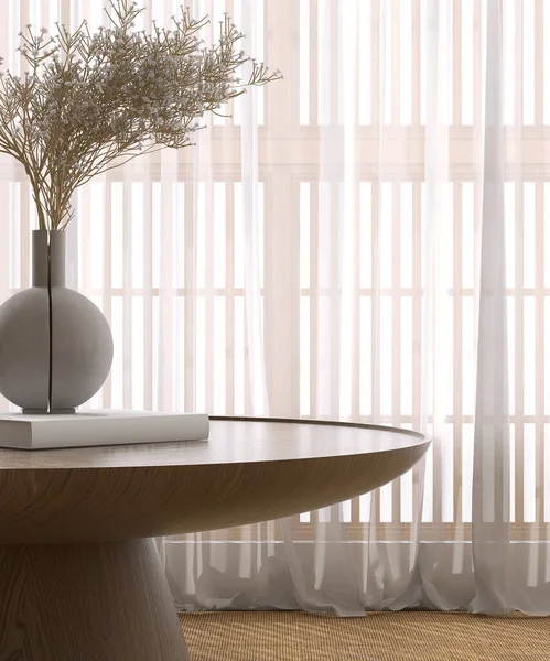圆形柚木桌子台子台 灰色花瓶 白色花束花在书中的折叠床上 绝对窗帘窗帘和在阳光下为亚洲的美丽 产品展示背景3D — 图库照片