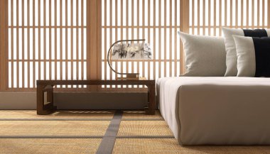 Boş ahşap komodin, klasik Çin boyası abajur, beyaz yatak, yastık, güneş ışığı altında bonsai moda, güzellik, kozmetik, cilt ürünleri arka planı 3 boyutlu.