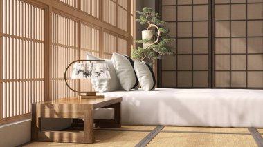 Boş ahşap komodin, klasik Çin boyası abajur, beyaz yatak, yastık, güneş ışığı altında bonsai moda, güzellik, kozmetik, cilt ürünleri arka planı 3 boyutlu.