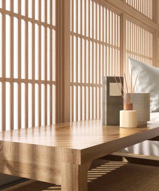 Wooden bedside table with lamp, incense by bed, pillow on tatami mat in sunlight from shoji window for Asian fashion, beauty, cosmetic, skincare, body care, spa product display background 3D clipart