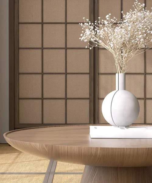 Runder Holztisch Gegenpodest Graue Vase Weißer Strauß Blume Auf Buch — Stockfoto
