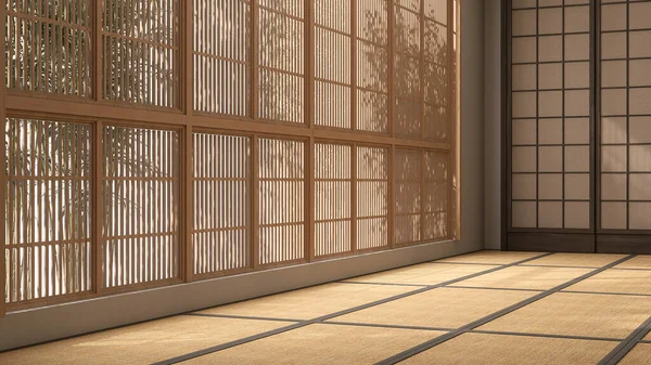 Tatami Mat Zemininde Ahşap Shoji Kör Penceresinden Güneş Işığı Alan — Stok fotoğraf