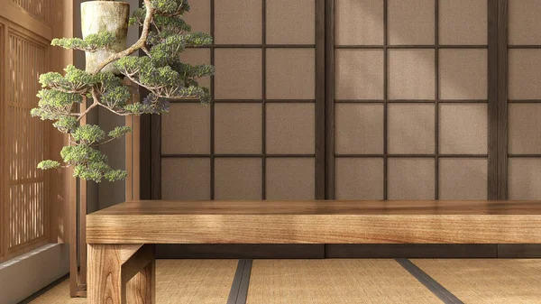 空荡荡的木制台子桌 绿色盆景树在传统的日本房间里 有幕墙和幕窗 有日光浴的折叠床地板 亚洲室内装饰 美容产品背景3D — 图库照片