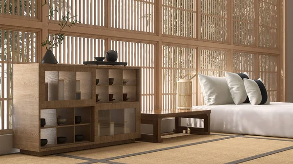 Wooden display cabinet, bedside table with lantern by bed, pillow on tatami mat in sunlight from shoji window with bamboo tree for Asian interior design decoration, product display background 3D
