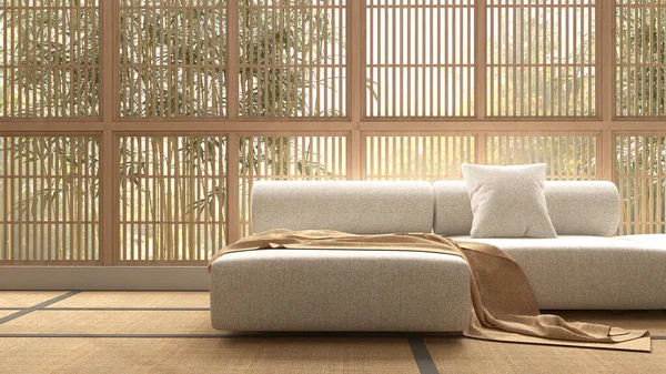 简约的白色面料靠背靠角沙发 木制靠窗的阳光衬垫 日本传统的日本塔瓦垫 用于亚洲室内设计装饰 产品展示背景3D — 图库照片