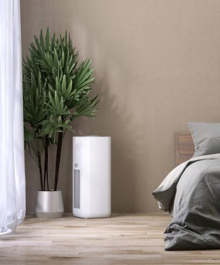 Beyaz modern tasarım hava temizleyici, bej rengi duvar yatak odasında nem giderici, gri örtülü yatak, güneş ışığında tropikal palmiye ağacı ahşap parke zemin üzerinde sağlık hizmetleri için, sağlık teknolojisi arka planı 3