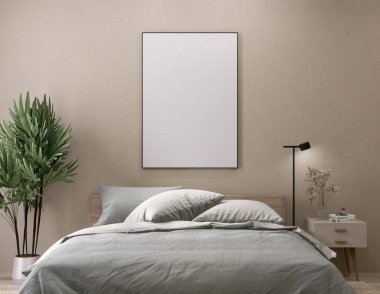 Modern, lüks bej rengi kahverengi yatak odası, tahta yatak odası, gri battaniye, yastık, komodin, güneş ışığında palmiye çiçeği olan boş beyaz fotoğraf çerçevesi. Şablon arkaplan 3D