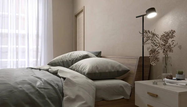 Moderno Luxuoso Quarto Bege Com Cama Madeira Cobertor Cinza Travesseiro — Fotografia de Stock
