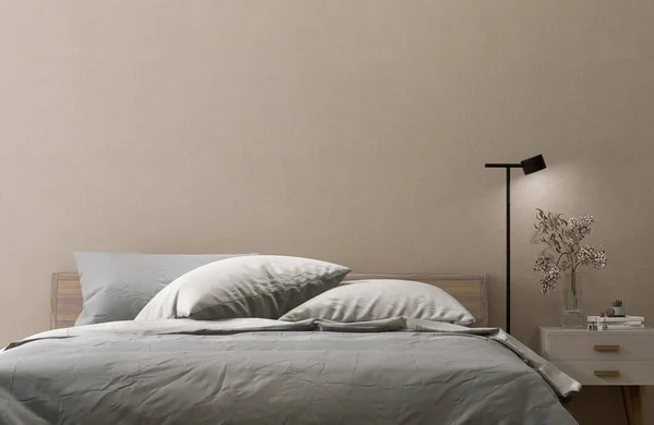 Moderno Luxuoso Quarto Bege Com Cama Madeira Cobertor Cinza Travesseiro — Fotografia de Stock