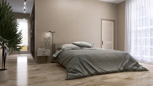 Lyxigt Modernt Beige Sovrum Med Promenad Garderob Träsäng Grå Filt — Stockfoto