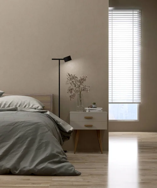 Modernes Luxuriöses Beiges Schlafzimmer Mit Holzbett Grauer Decke Und Kopfkissen — Stockfoto