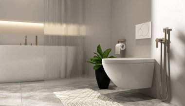 Modern, lüks duvar asılı klozet, çift sifonu olan kapalı koltuk, çift cam bölme, bidet, kağıt tutacağı, granit fayans zemininde beyaz küvet bej duvar arka planında 3 boyutlu güneş ışığı