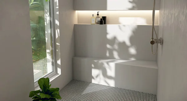 現代の具体的なシャワーのベンチ 贅沢なベージュ灰色のバスルーム 引込められた壁の棚 調節可能なシャワーの柵 日光のモザイク フロア 内部の設計プロダクト背景3Dのための窓からの葉の影 — ストック写真