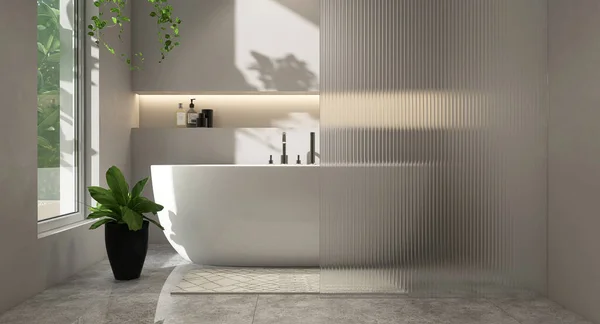 Bañera Ovalada Blanca Cabezal Ducha Cromado Moderno Baño Pared Gris — Foto de Stock