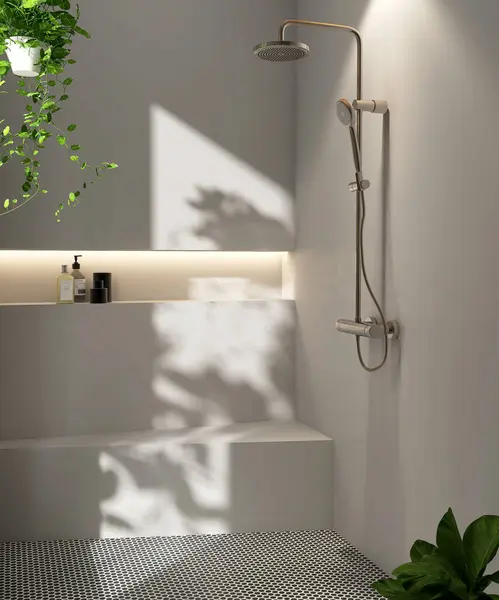 現代の具体的なシャワーのベンチ 贅沢なベージュ灰色のバスルーム 引込められた壁の棚 調節可能なシャワーの柵 日光のモザイク フロア 内部の設計プロダクト背景3Dのための窓からの葉の影 — ストック写真