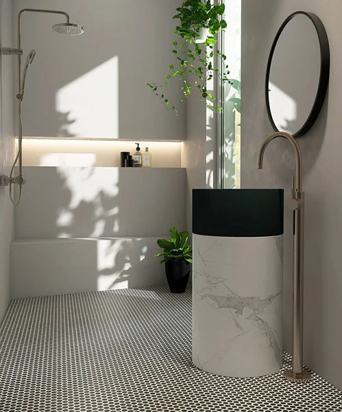 白いシリンダー大理石洗面所および現代贅沢な浴室およびシャワーのベンチの円形の虚栄心ミラーは 内部の設計プロダクト背景3Dのための窓からの日光のモザイク フロアを引込めました — ストック写真