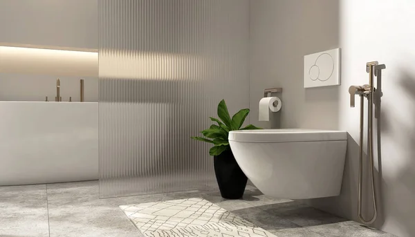 Moderne Der Wand Hängende Toilettenschüssel Geschlossener Sitz Mit Doppelspülung Schilfglasabtrennung — Stockfoto