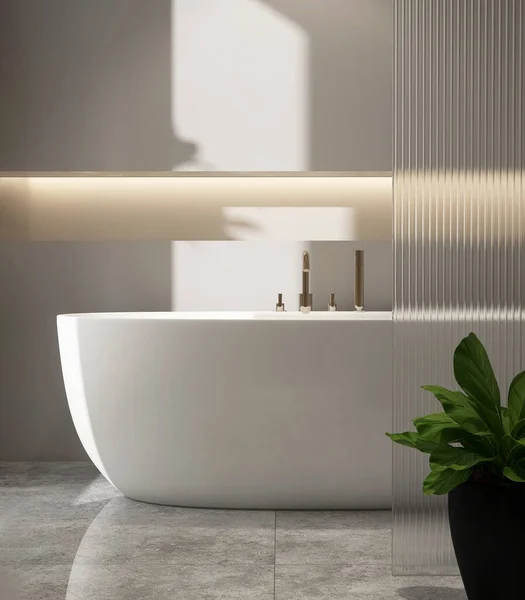 白い楕円形の浴槽 現代ロフトの灰色の壁の浴室のクロム シャワーの頭部 リサイクルされた壁の棚 隠されたライトおよび内部の背景3Dのための日光の大理石の床の植物が付いているリードされたガラスの仕切り — ストック写真