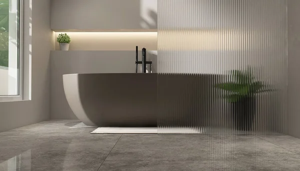 Braune Ovale Badewanne Modernem Grauen Wandbad Schilfglasabtrennung Mit Eingelassenem Wandregal — Stockfoto
