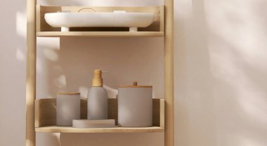 Modern asgari ahşap raf, gri seramik kavanoz kapağı, pompa başlığı şişesi, boş bej duvarda beyaz tepsi, lüks kozmetik, cilt bakımı, banyo, spa, güzellik ürünleri arka planı 3 boyutlu.