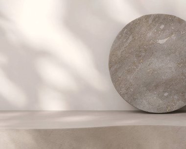 Beyaz bej rengi çimento eğrisi tezgah tezgahı desenli, yumuşak benekli güneş ışığı, beyaz duvarda yaprak gölgesi, lüks organik kozmetik, cilt bakımı için gri düz kaya, 3 boyutlu güzellik ürünü arka planı.