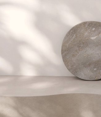 Beyaz bej rengi çimento eğrisi tezgah tezgahı desenli, yumuşak benekli güneş ışığı, beyaz duvarda yaprak gölgesi, lüks organik kozmetik, cilt bakımı için gri düz kaya, 3 boyutlu güzellik ürünü arka planı.