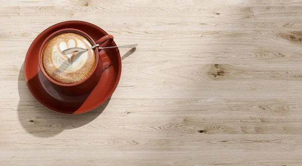 Draufsicht Auf Schöne Herzförmige Latte Art Kastanienroter Kaffeetasse Untertasse Auf — Stockfoto