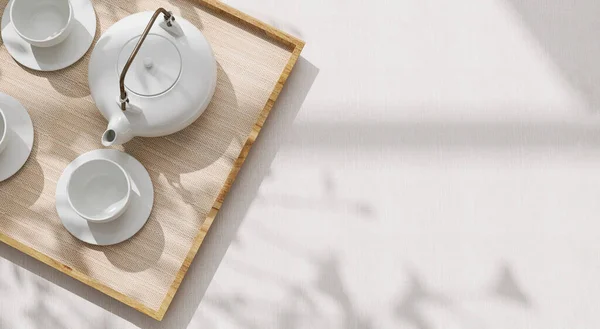 Top View Modern Minimal Beautiful White Ceramic Teapot Teacup Saucer — Stock Photo, Image