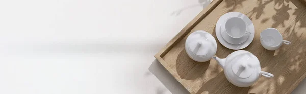 Draufsicht Auf Moderne Minimale Schöne Weiße Keramik Teekanne Teetasse Mit — Stockfoto