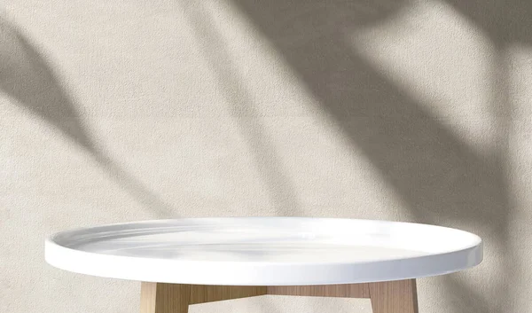 White Glossy Side Table Wooden Leg Sunlight Soft Tropical Banana — Stock Photo, Image