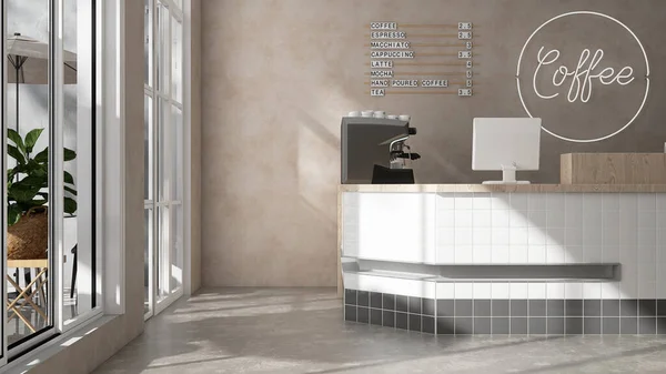 Modern design cafe, white square tile counter with espresso machine, cash register in sunlight from glass door and window outdoor garden on beige brown stucco wall, cement floor. Background 3D