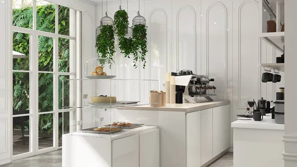 Modern, luxury design cafe with outdoor green tree foliage garden, glass window, counter with espresso machine, cake display fridge, in sunlight white wainscot wall and cement floor background 3D
