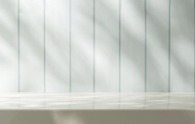 Modern, en az beyaz mermer tezgah üstü, benekli güneş ışığında, pastel mavi ahşap duvar üzerinde yaprak gölgesi lüks organik kozmetik, cilt bakımı, güzellik tedavi ürünü arka plan 3 boyutlu