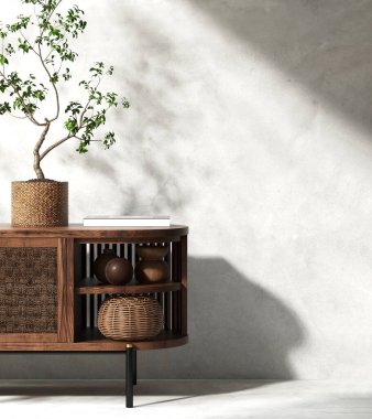 Güzel tropikal ağaç rattan sepetin içinde, antika ahşap dolap üzerine kitap güneş ışığında, gölge temiz, içi boş beton duvar iç tasarım için, mobilya ürünü arka plan 3D