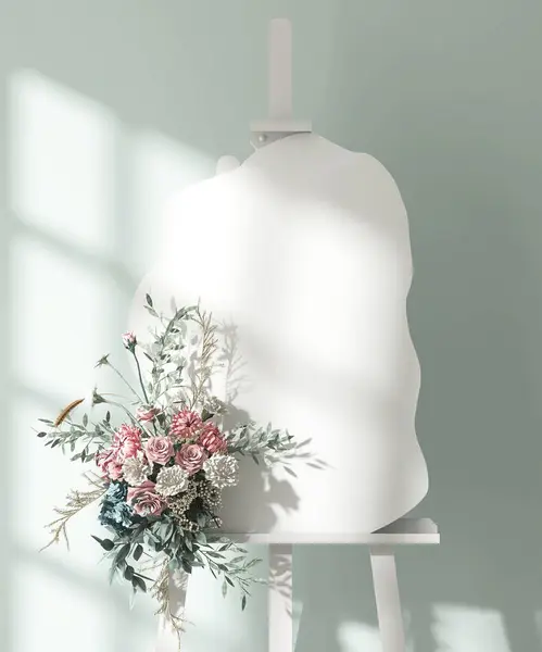 Blank White Board Hochzeitskulisse Auf Staffelei Ständer Mit Luxus Bunten — Stockfoto