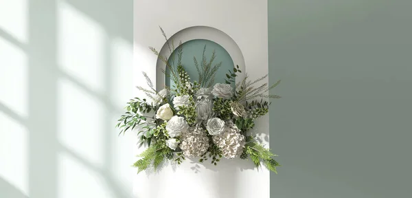 Doppelschicht Hochzeitskulisse Aus Holz Mit Schmerz Panel Weiße Blumen Grün — Stockfoto