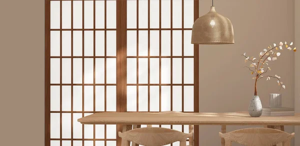 Minimal Wooden Dining Table Twig Vase Chair Rattan Pendant Light — Stock Photo, Image