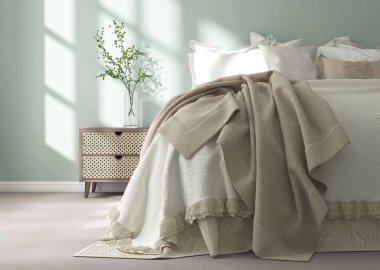 Yatak, yastık, çarşaf, battaniye, ahşap komodinli yatak odası, güneş ışığında cam vazoda ağaç dalı, iç dekorasyon arka planı için pastel turkuaz mavi duvar yatak odası.